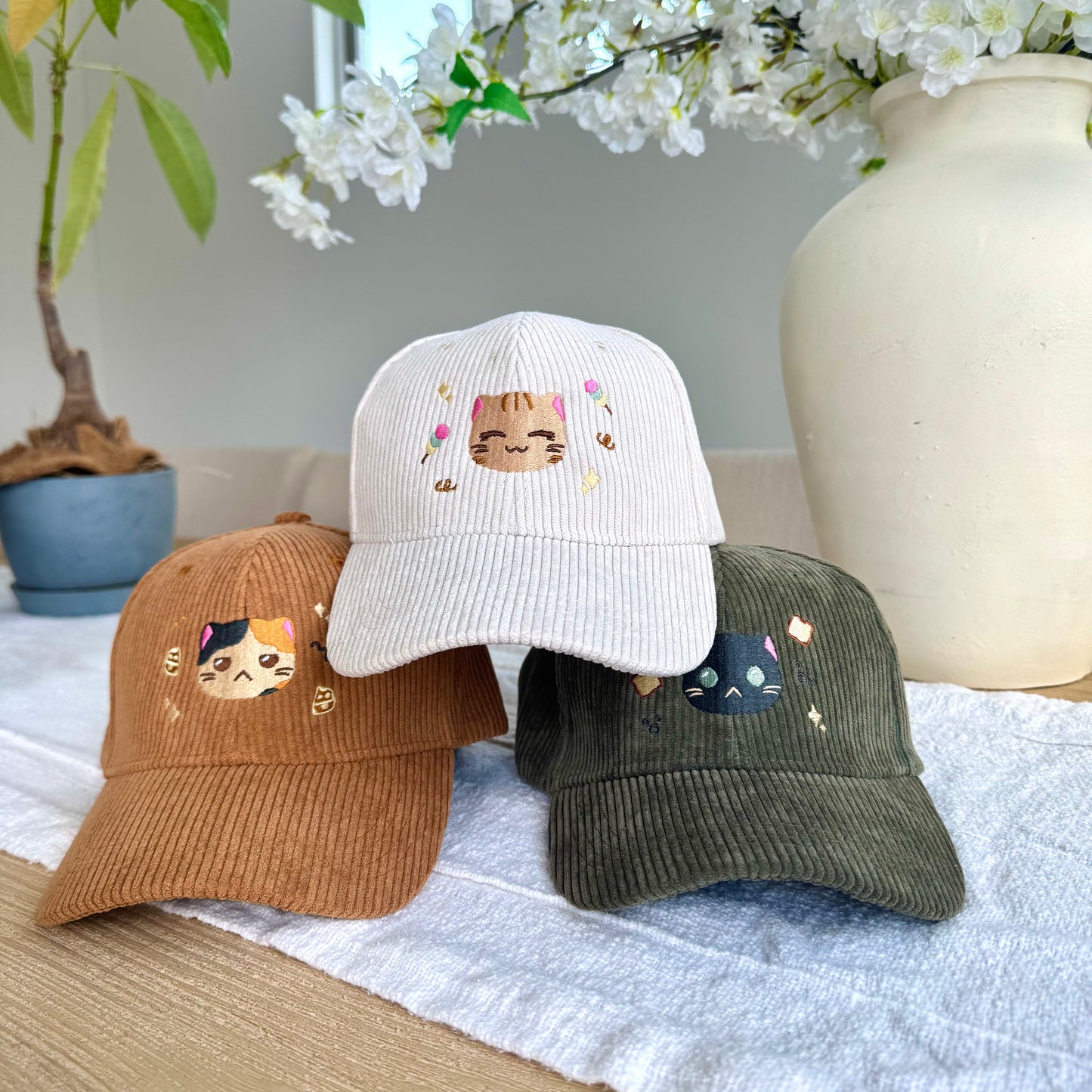Cat Embroidered Corduroy Hats